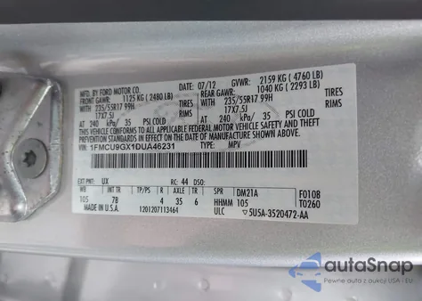 2013 Ford Escape Se z USA, uszkodzony, nr VIN 1FMCU9GX1DUA46231